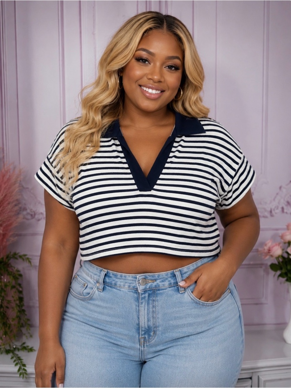 Maurice’s Striped Navy and White Cropped Polo Top
